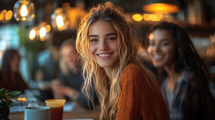 Smiling Woman Smiling at the Camera in a Cafe Setting
