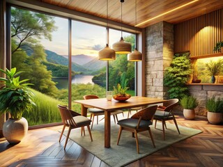 Fototapeta premium Minimalist dining room: warm earth tones, natural textures, inviting ambiance.