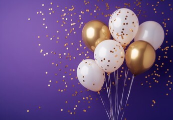 Celebration with Gold and White Balloons Surrounded by Confetti on a Purple Background for Party, Event, or Festive Decoration Use