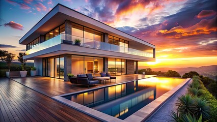 Modern villa, sunset views: I wish for this architectural masterpiece.  Luxury home exterior design photography.