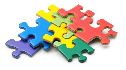 Obraz premium Colorful interlocking puzzle pieces arranged strategically on a white background, symbolizing problem-solving