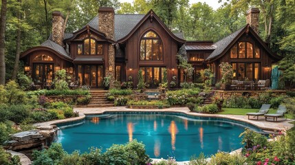 Obraz premium Luxurious wooded home with pool, evening light
