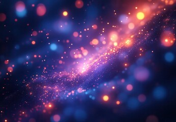 Fototapeta premium Colorful abstract image showcasing glowing particles and lights in a vibrant cosmic scene with a deep blue and violet background perfect for technology themes