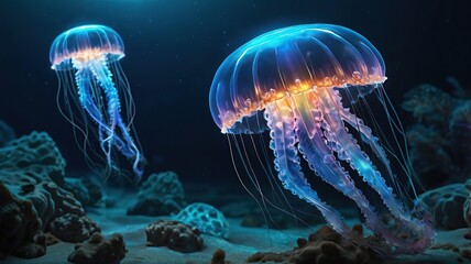 A glowing, bioluminescent jellyfish-dragon hybrid, deep-sea 3D rendering, ethereal lighting