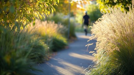 Man jogging on paved path through golden autumn foliage