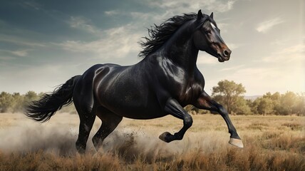 A majestic black stallion running through a field, ultra-realistic 3D rendering, dust effect.
