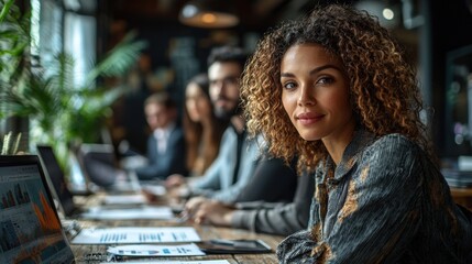 Confident businesswoman, team meeting, office, charts