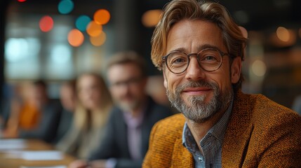 A handsome man with glasses is smiling at the viewer