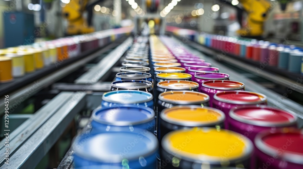 Aufkleber rows of meticulously organized paint cans in various colors are positioned along a conveyor belt in 
