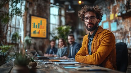 Confident businessman at meeting, team in background, loft office