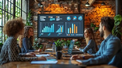 Businesspeople are collaborating at a meeting with data presentation displayed