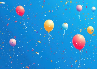Fototapeta premium Colorful Balloons Floating in the Air with Confetti on a Bright Blue Background for Celebration and Party Themes