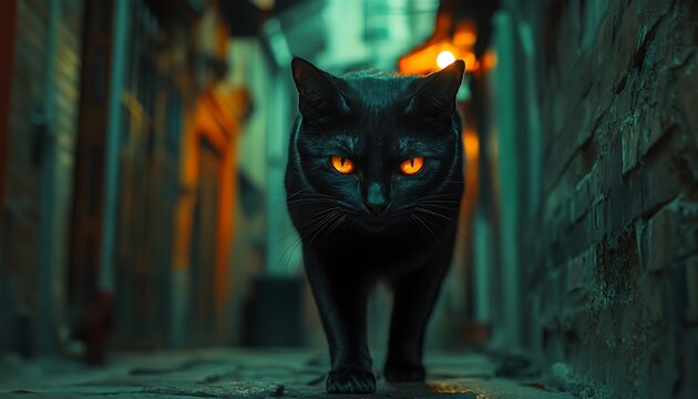 Black cat alleyway night; Halloween