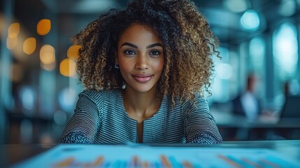 A beautiful woman with curly hair is in the office