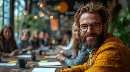 Bearded man with glasses looks at the viewer while seated