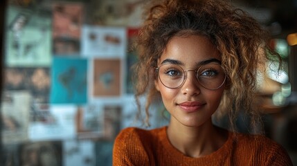 Woman smiling, glasses, cafe, art background, portrait