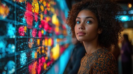 Woman studying data visualization display