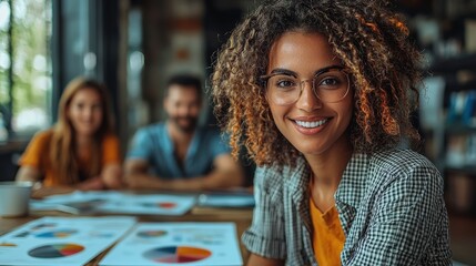 Smiling businesswoman, team meeting, office charts