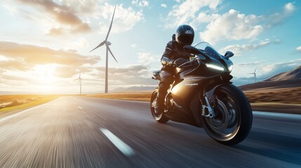 Motorcyclist on road with wind turbines, scenic background, dynamic action shot, perfect for travel/adventure promotions