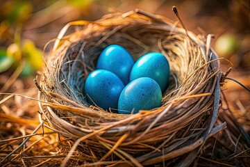 Obraz premium Stunning spring image: delicate blue eggs in a bird's nest, high-resolution nature photography.