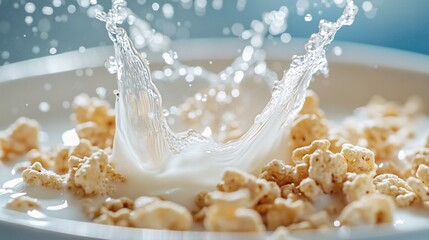 Milk splashing into cereal creating a delicious breakfast scene