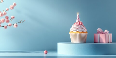 Colorful birthday cupcake with pink icing and candle, surrounded by cherry blossoms and a gift box on a blue background for celebration and party themes