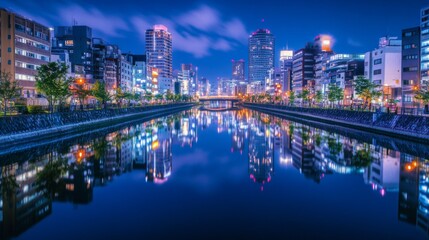 Obraz premium Night cityscape reflecting in canal, urban Japan
