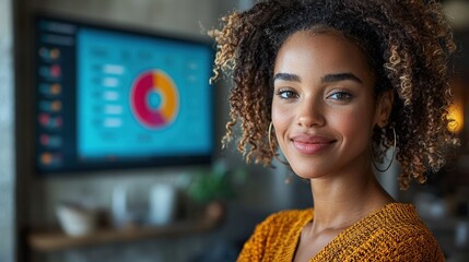 Confident woman, office, chart, success, portrait
