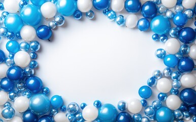 Fototapeta premium Colorful Blue and White Balloons and Ornaments Border on a Plain Background for Celebrations and Events