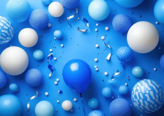 Colorful Blue and White Party Decorations with Balloons, Circles, and Streamers on a Beautiful Blue Background for Celebration Themes