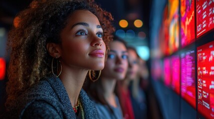 Women viewing digital data wall, city night