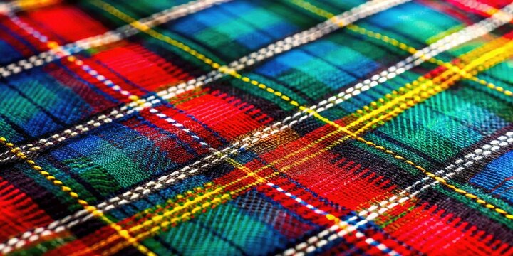 Tilt-shift photography highlights a vibrant MacDuff dress fabric swatch, showcasing modern tartan plaid's textured appeal in Scottish fashion textiles.