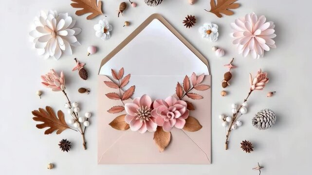Aesthetic Floral Envelope Design with Paper Flowers and Autumn Decor