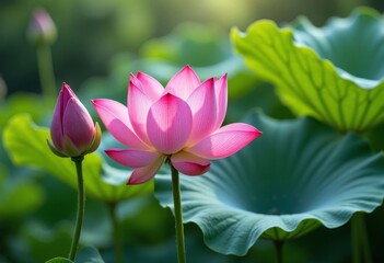 Obraz premium Pink Lotus flower with Bud, Vibrant Green Leaves