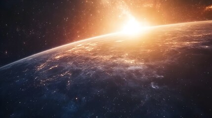 Stunning view of Earth from space, bathed in the warm glow of a rising sun. City lights twinkle below, contrasting with the dark expanse of space and distant stars.