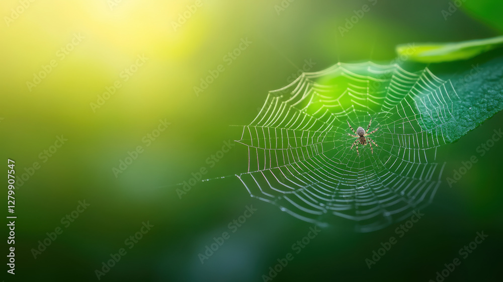 Wall mural close up view of spider web glistening in sunlight, showcasing intricate patterns and small spider a
