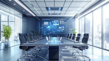 Modern conference room with large table, chairs, and digital screens