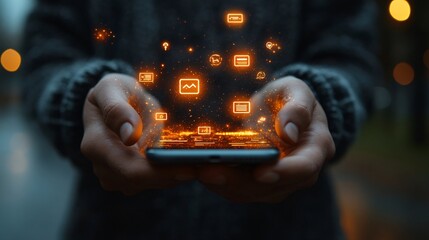 Hands Holding Smartphone with Glowing Icons and Digital Elements