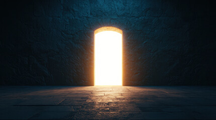 mystic opened door reveals bright white light, creating enchanting atmosphere. stone walls and floor enhance sense of mystery and wonder
