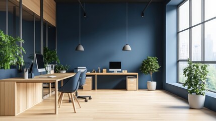 Scandinavian-Inspired Office with White and Blue Walls