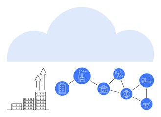 Cloud above icons of a factory, warehouse, globe, airplane, truck, and shopping cart linked by lines. Growth bars with arrows. Ideal for supply chain, growth logistics connectivity digital