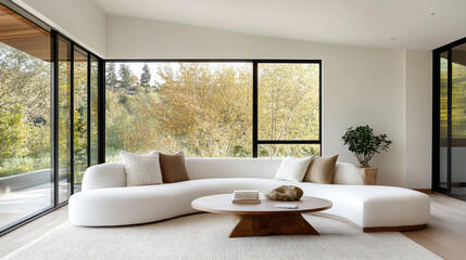 contemporary living room featuring curved sofa and large windows