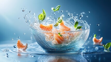 Fresh salmon slices splashing into a glass bowl with vibrant green leaves and water droplets