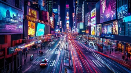 Gordijnen NYC Times Square at Night, Blurry Motion Cars, Bright Lights, Many Signs, Urban Scene, Tourist Destination, Potential Use Stock Photo © musa