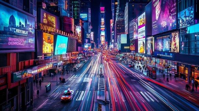 Fototapeta NYC Times Square at Night, Blurry Motion Cars, Bright Lights, Many Signs, Urban Scene, Tourist Destination, Potential Use Stock Photo