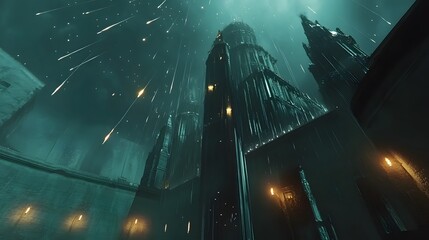 A towering gothic cathedral under a meteor shower. Rain falls as the city's ominous architecture reaches towards a dark, star-filled sky.
