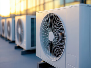 Fototapeta premium Outdoor air conditioning units lined up on rooftop during sunset, showcasing modern design and functionality