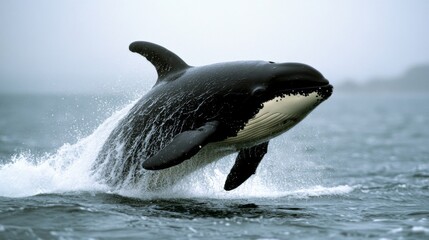 Fototapeta premium Orca leaping out of sea, misty weather background, wildlife photo, nature scene