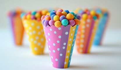 Colorful Paper Cups Filled with Bright Candy, Perfect for Parties and Celebrations, Sweet Treats for Kids and Adults, Fun Dessert Display for Events