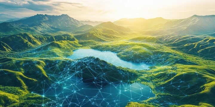Global connectivity, digital Earth overlay, mountain landscape, serene lake, network nodes,